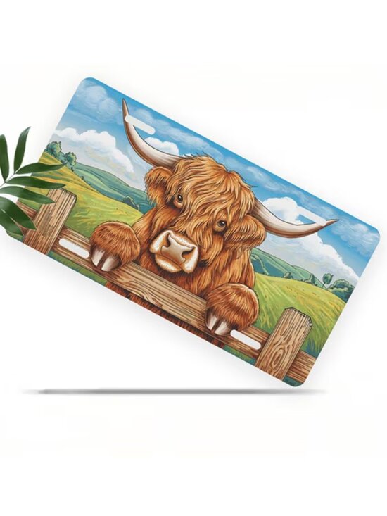 Other - License Plate, Highland Cow Over Fence Decorative Front,Personalized Stainless S